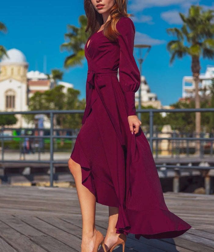 Burgundy long wrap around dress Prom dress cocktail dress wedding guest dress maxi dress formal dress