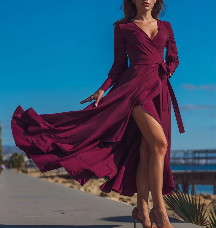 Burgundy long wrap around dress Prom dress cocktail dress wedding guest dress maxi dress formal dress
