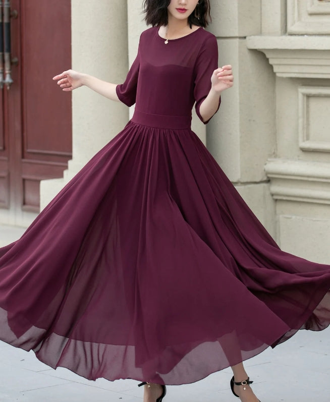 Chiffon Maxi dress Fit and Flare Chiffon dress Women burgundy dress Summer Swing dress Prom Chiffon dress Custom Dress