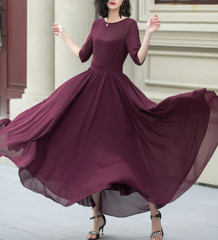 Chiffon Maxi dress Fit and Flare Chiffon dress Women burgundy dress Summer Swing dress Prom Chiffon dress Custom Dress