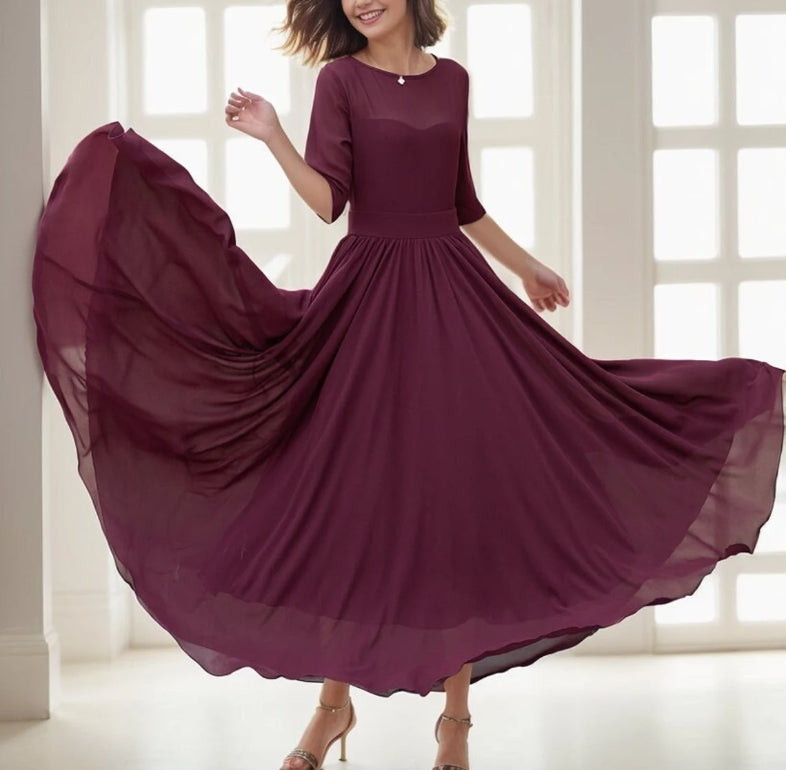 Chiffon Maxi dress Fit and Flare Chiffon dress Women burgundy dress Summer Swing dress Prom Chiffon dress Custom Dress