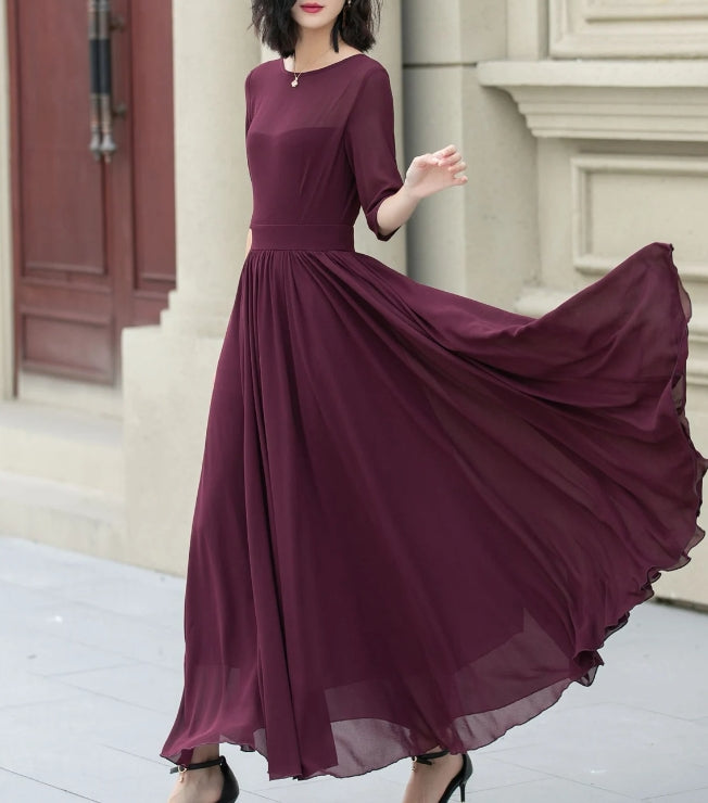 Chiffon Maxi dress Fit and Flare Chiffon dress Women burgundy dress Summer Swing dress Prom Chiffon dress Custom Dress