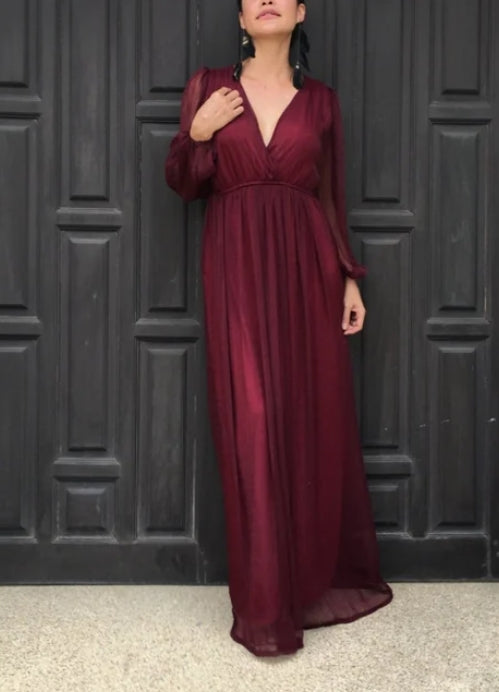 Red burgundy dress chiffon long sleeve v neck long maxi dress all size