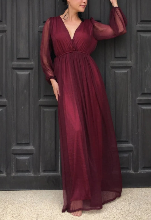 Red burgundy dress chiffon long sleeve v neck long maxi dress all size