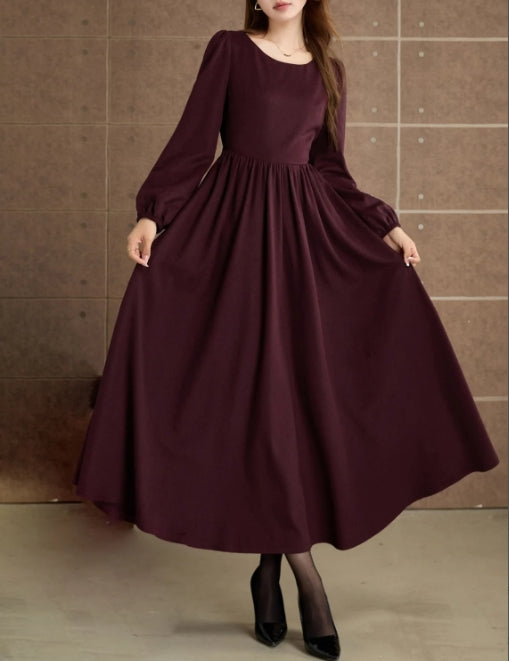 Womens Burgundy Long wool dress Autumn winter dress Fit and flare dress Swing dress Retro dress Prom dress