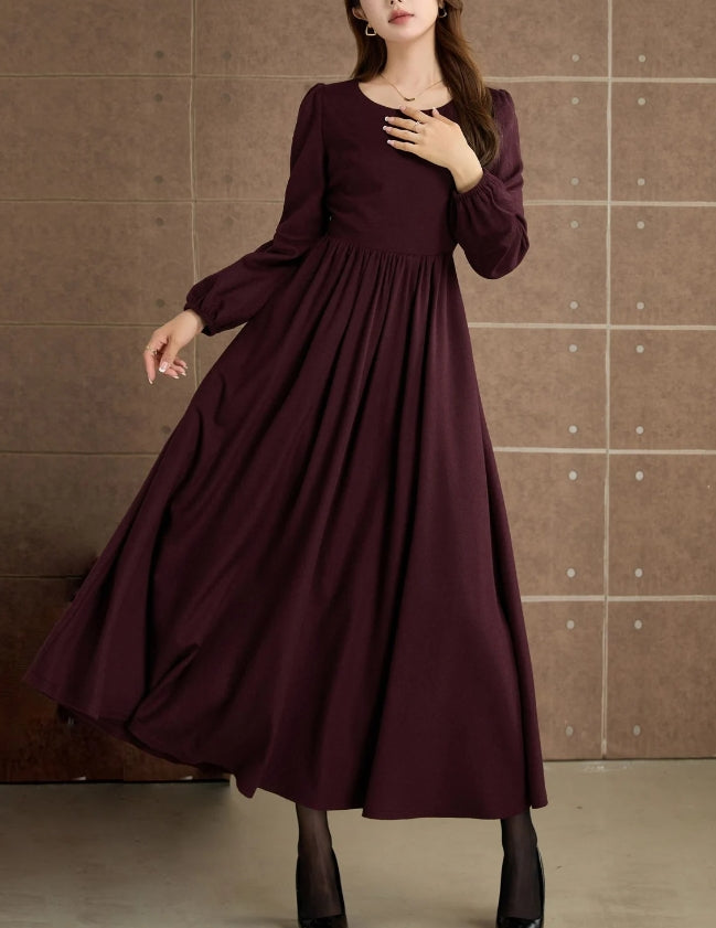 Womens Burgundy Long wool dress Autumn winter dress Fit and flare dress Swing dress Retro dress Prom dress