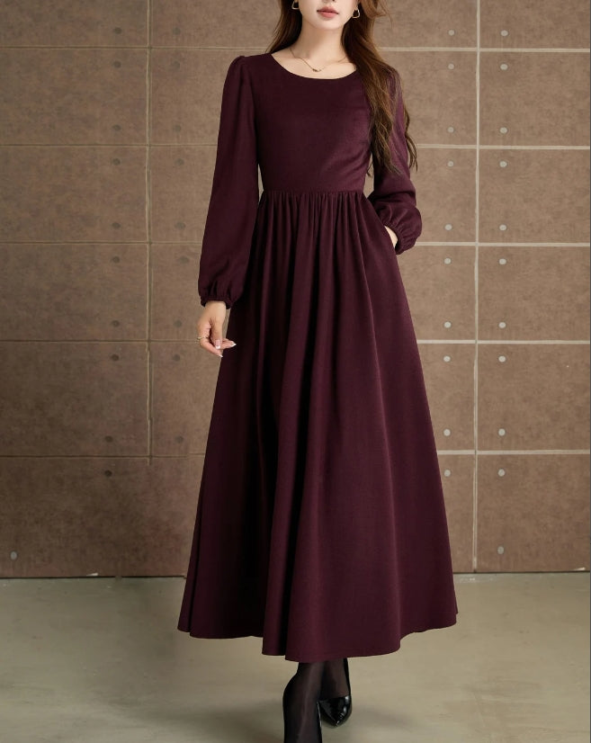 Womens Burgundy Long wool dress Autumn winter dress Fit and flare dress Swing dress Retro dress Prom dress