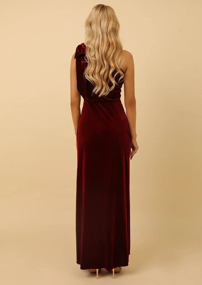 Dark Burgundy Prom Dress Velvet Long Dress Evening Dress Wedding Guest Dress Slit Dress One Shoulder Dress Formal Dress
