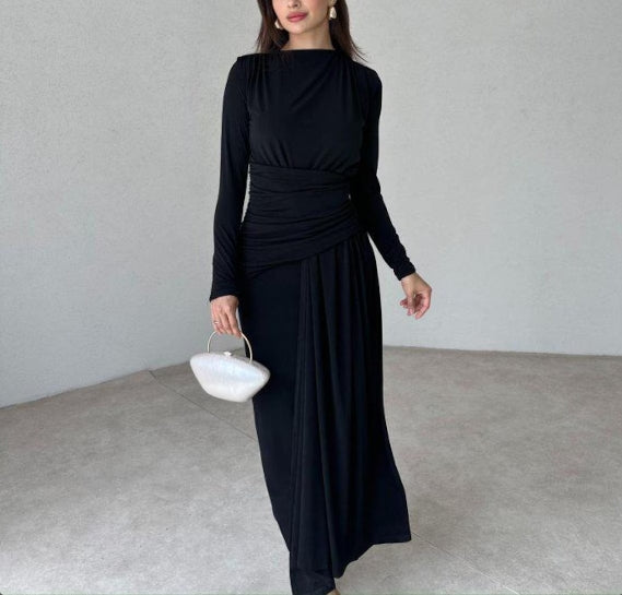 Long Sleeve Fitted Wrap Dress Black Modal Dress Chic Evening Dress Timeless Long Premium Dress for Any Occasion