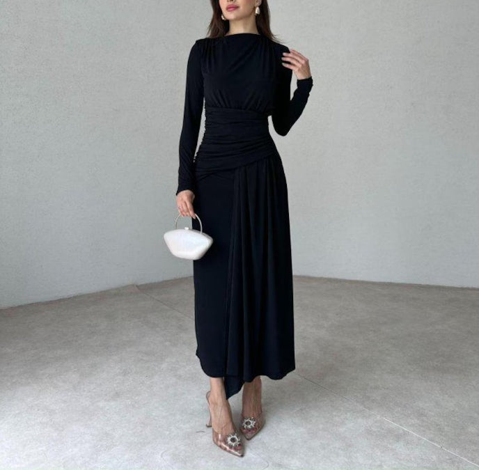 Long Sleeve Fitted Wrap Dress Black Modal Dress Chic Evening Dress Timeless Long Premium Dress for Any Occasion