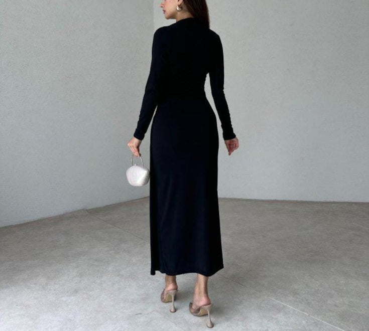Long Sleeve Fitted Wrap Dress Black Modal Dress Chic Evening Dress Timeless Long Premium Dress for Any Occasion