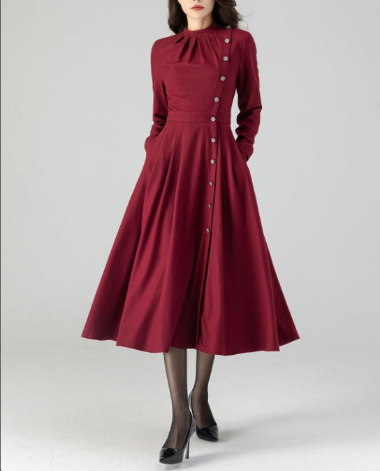 Wool Dress Women Pleated Prom Dress with pockets Midi Wool Dress Burgundy Dress Autumn Dresses
