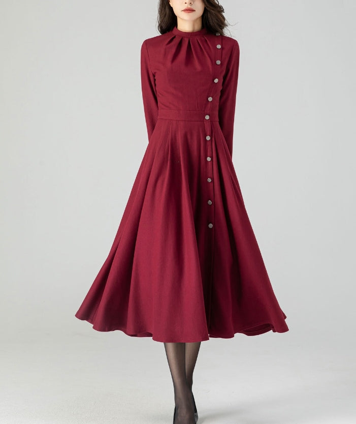 Wool Dress Women Pleated Prom Dress with pockets Midi Wool Dress Burgundy Dress Autumn Dresses