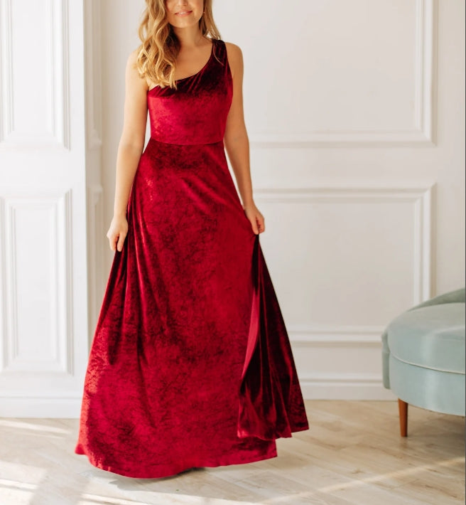Burgundy velvet bridesmaid dress with V neck Prom dress One-shoulder slit dress Maroon velvet prom dress Custom floor A line dress