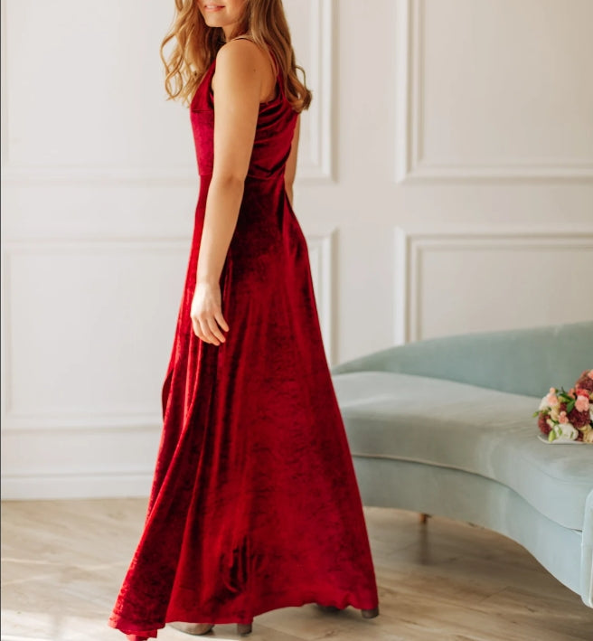 Burgundy velvet bridesmaid dress with V neck Prom dress One-shoulder slit dress Maroon velvet prom dress Custom floor A line dress