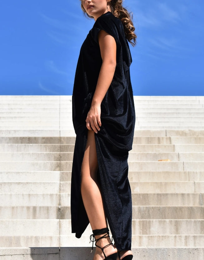 Loose Velvet Dress Women's Dresses Black Velvet Dress Clothing Maxi Slit Dress Short Sleeves Dress Womens Clothing