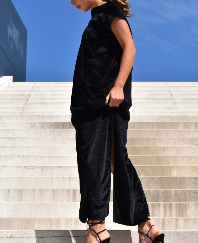 Loose Velvet Dress Women's Dresses Black Velvet Dress Clothing Maxi Slit Dress Short Sleeves Dress Womens Clothing