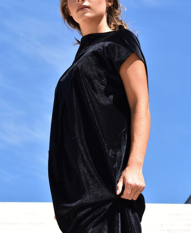 Loose Velvet Dress Women's Dresses Black Velvet Dress Clothing Maxi Slit Dress Short Sleeves Dress Womens Clothing