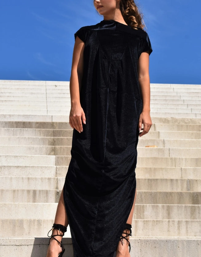 Loose Velvet Dress Women's Dresses Black Velvet Dress Clothing Maxi Slit Dress Short Sleeves Dress Womens Clothing