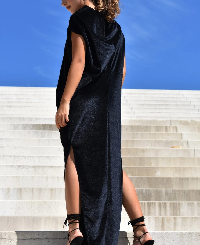 Loose Velvet Dress Women's Dresses Black Velvet Dress Clothing Maxi Slit Dress Short Sleeves Dress Womens Clothing