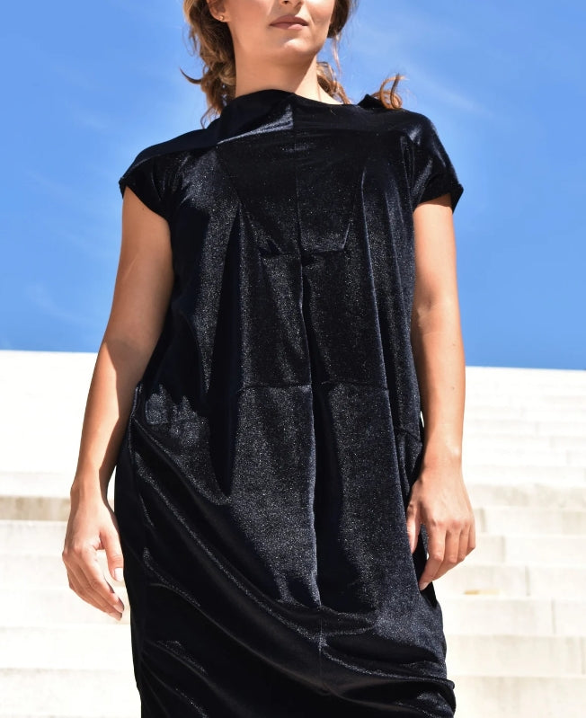 Loose Velvet Dress Women's Dresses Black Velvet Dress Clothing Maxi Slit Dress Short Sleeves Dress Womens Clothing