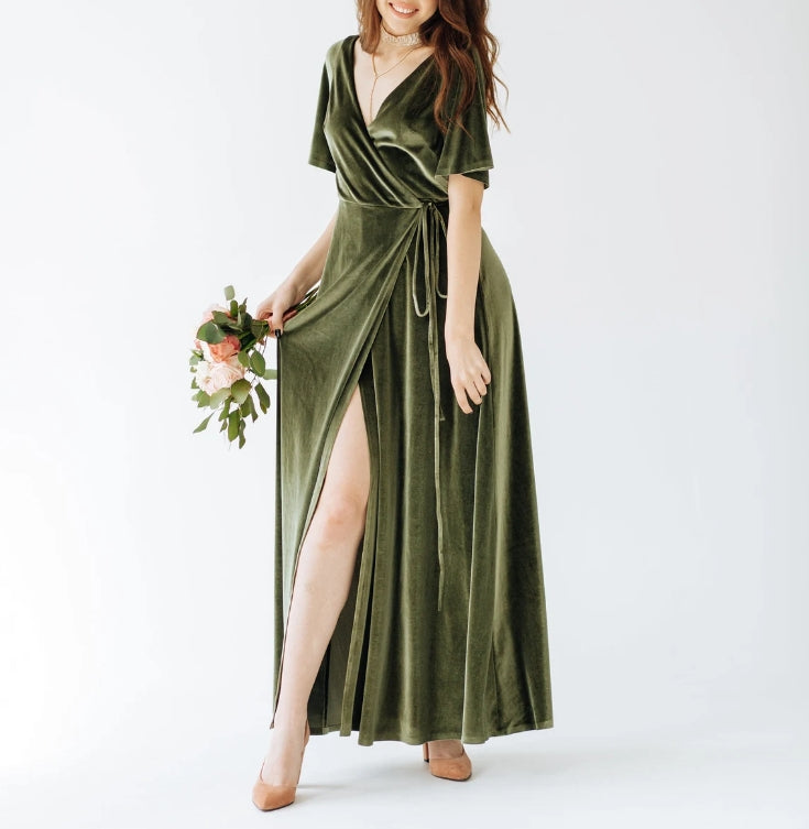 Velvet Bridesmaid Dress Green Velvet Dress Velvet Prom Dress Ruffle Sleeves V Neck Evening Dress