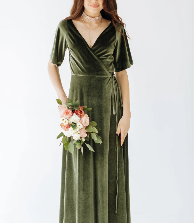 Velvet Bridesmaid Dress Green Velvet Dress Velvet Prom Dress Ruffle Sleeves V Neck Evening Dress
