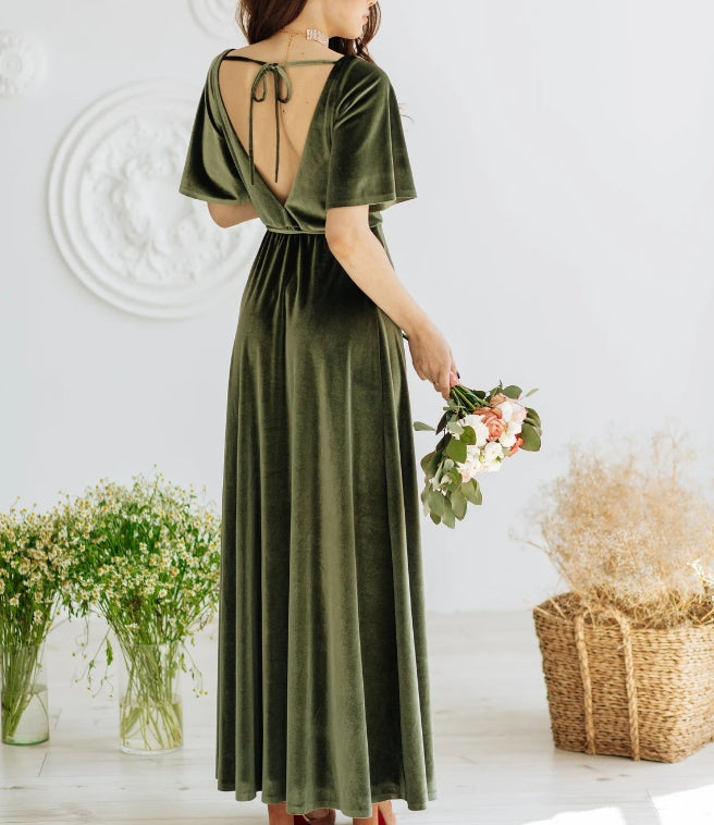 Velvet Bridesmaid Dress Green Velvet Dress Velvet Prom Dress Ruffle Sleeves V Neck Evening Dress