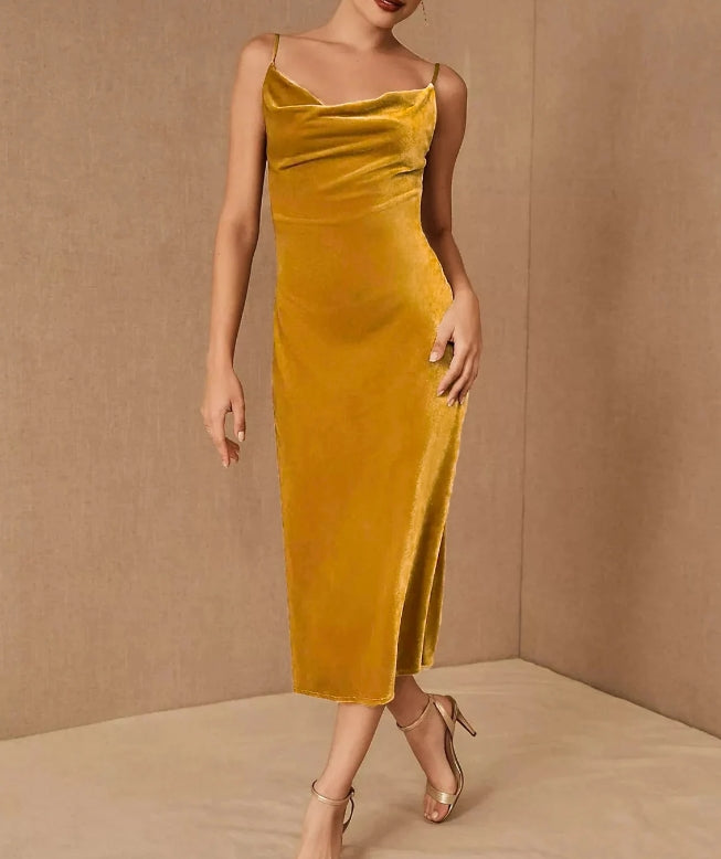 Gold Color velvet dress prom dresses bridesmaid dress long dress party dress midi dress