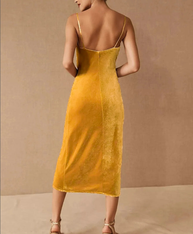 Gold Color velvet dress prom dresses bridesmaid dress long dress party dress midi dress