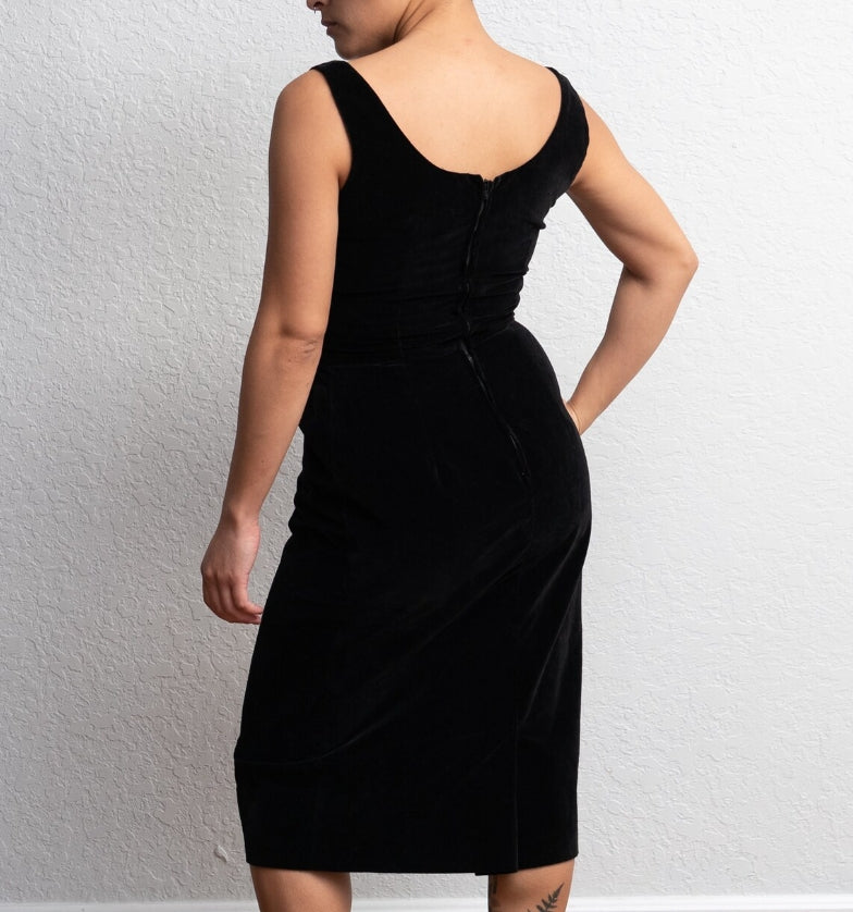Vintage Black Velvet Dress Hourglass Knee Length Sleeveless Dress