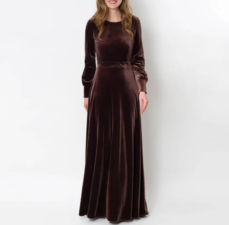 Chocolate brown velvet long dress prom velvet dress wedding guest dress velvet gown velvet slit dress maxi dress evening dress