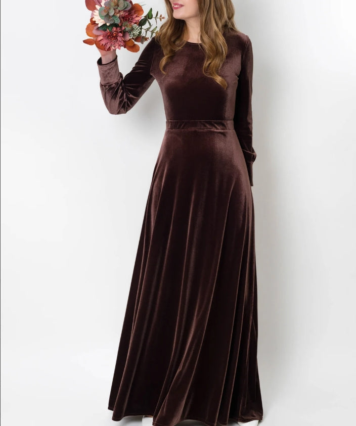 Chocolate brown velvet long dress prom velvet dress wedding guest dress velvet gown velvet slit dress maxi dress evening dress
