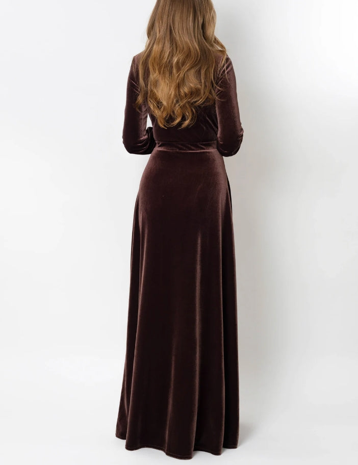 Chocolate brown velvet long dress prom velvet dress wedding guest dress velvet gown velvet slit dress maxi dress evening dress