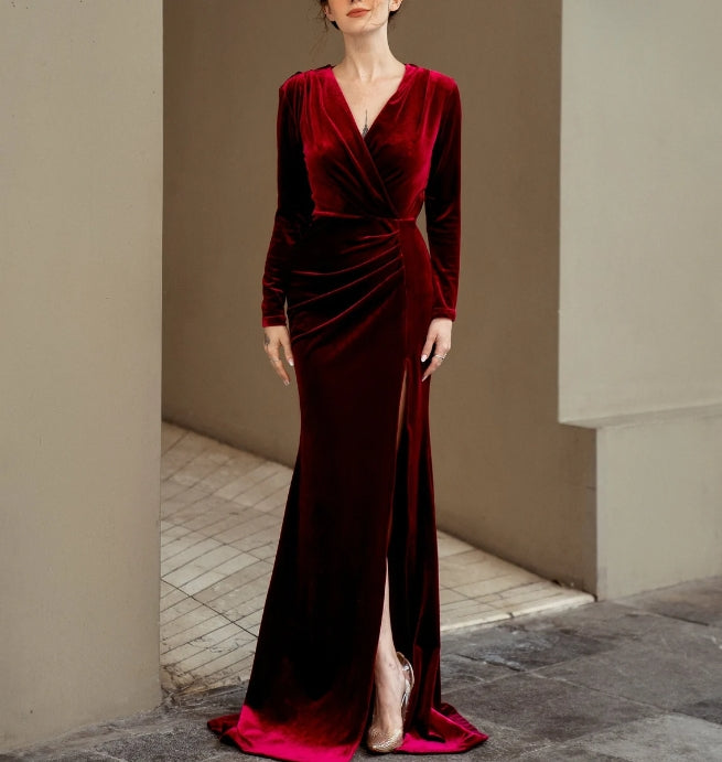 Red Velvet Prom Dress Cocktail Dress For Wedding Guest Long Velvet Dress Velvet Dresses For Women Velvet Formal Dress