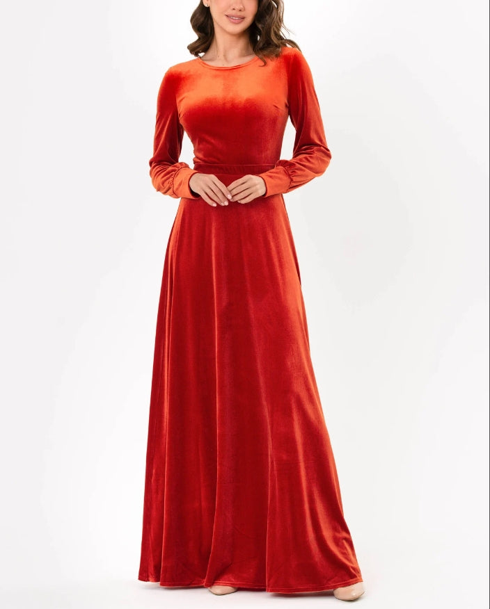 Rust orange velvet long dress prom dress bridesmaid dress maxi dress evening dress