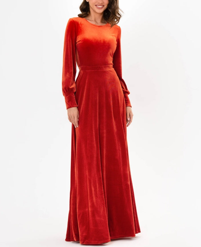 Rust orange velvet long dress prom dress bridesmaid dress maxi dress evening dress