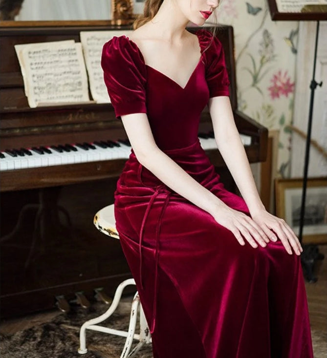 Burgundy velvet cocktail dress evening dress party dress prom dress