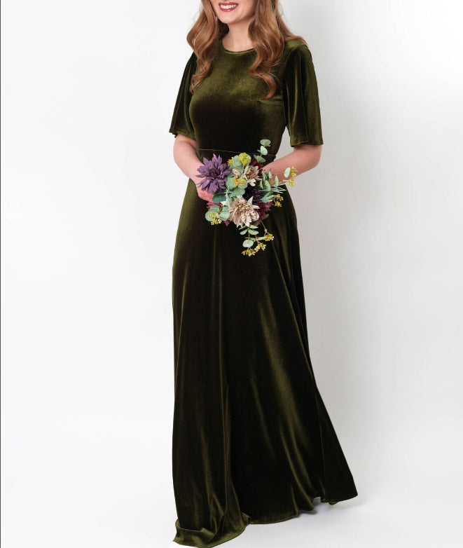 Olive green velvet long dress wedding guest dress velvet gown prom dress maxi dress evening dress