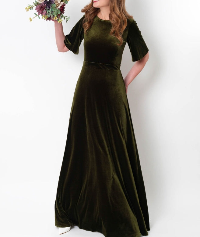 Olive green velvet long dress wedding guest dress velvet gown prom dress maxi dress evening dress