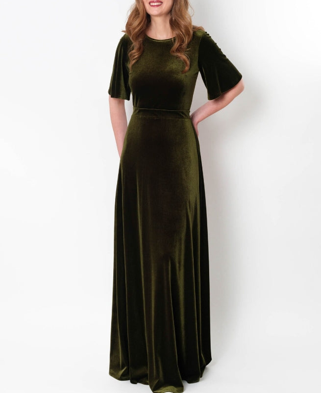 Olive green velvet long dress wedding guest dress velvet gown prom dress maxi dress evening dress