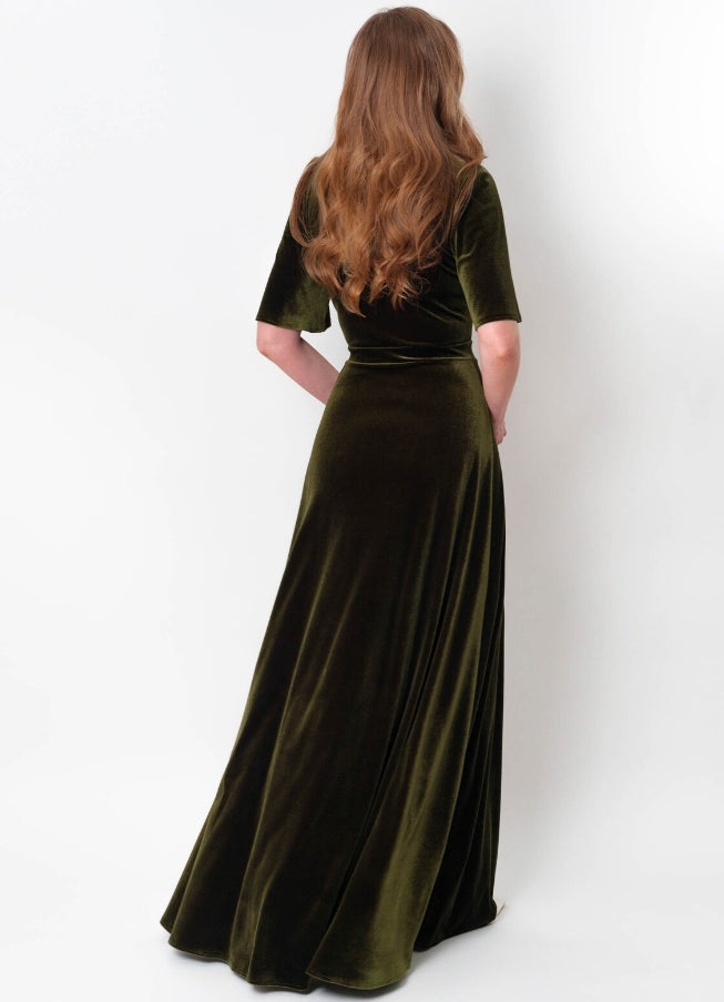 Olive green velvet long dress wedding guest dress velvet gown prom dress maxi dress evening dress
