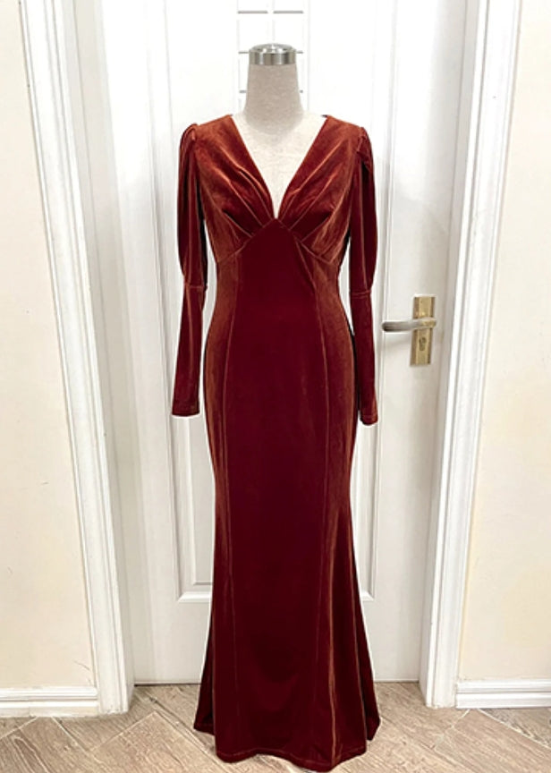 Long Sleeve Velvet Gown Velvet Prom Dress Evening Dress Rust Dress Women