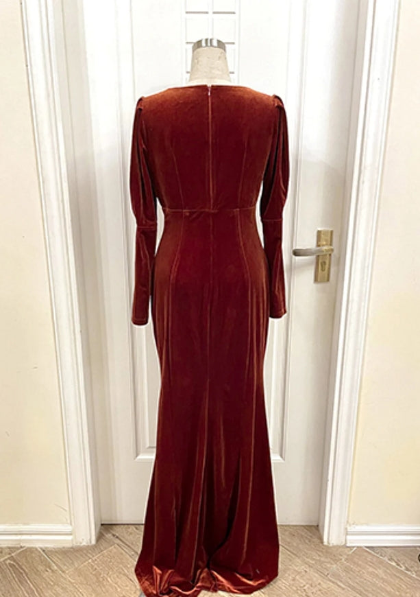 Long Sleeve Velvet Gown Velvet Prom Dress Evening Dress Rust Dress Women