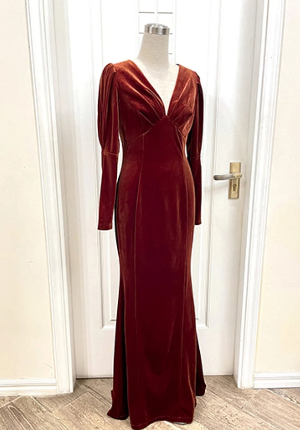 Long Sleeve Velvet Gown Velvet Prom Dress Evening Dress Rust Dress Women