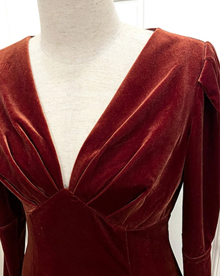 Long Sleeve Velvet Gown Velvet Prom Dress Evening Dress Rust Dress Women