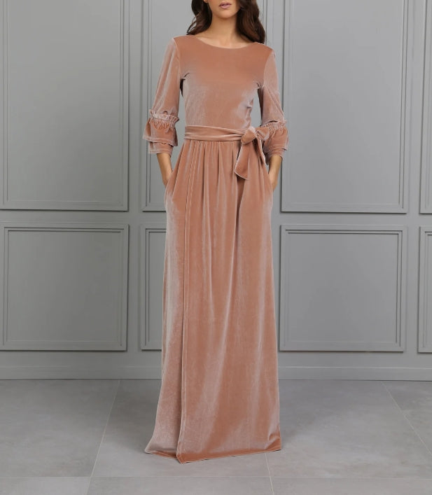 Prom Dress Sand High Quality Fabric Dress Gown Elegant Dress Low Back High Slit Ruffle Sleeves Deep V Open Back