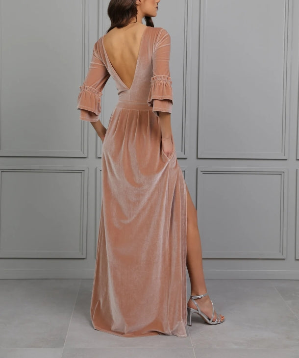 Prom Dress Sand High Quality Fabric Dress Gown Elegant Dress Low Back High Slit Ruffle Sleeves Deep V Open Back