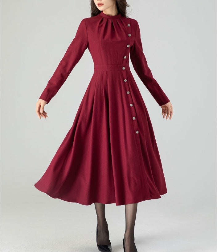 Wool Dress Women Pleated Prom Dress with pockets Midi Wool Dress Burgundy Dress Autumn Dresses