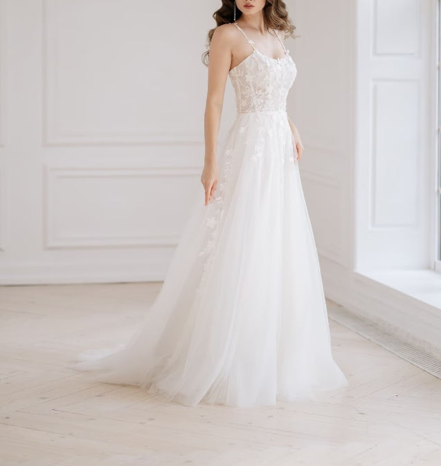 Floral wedding dress with trained skirt bridal gown with slim spaghetti straps boho maxi dress